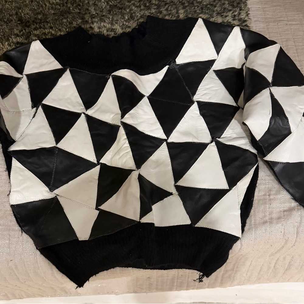 One of a kind! Black and White leather Geometric Sweater hand made by me